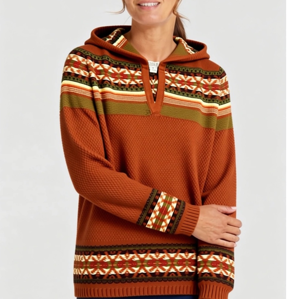 50%off w❤️ Natural Reflections Knit Orange V Neck Pullover Hooded Sweater 155